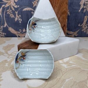 Vintage Pair Japanese Painted Butter Dish Y.Y Lobster Logo Yonemoto Store Hawaii